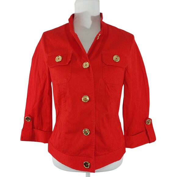 JONES NEW YORK! RICH RED STRETCH, GOLD BUTTON JEAN JACKET STYLE BLAZER! SZ S - Picture 2 of 9